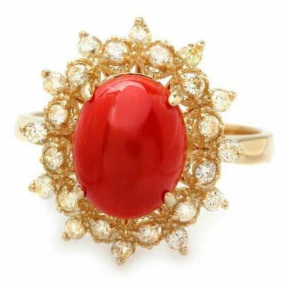 3.55 Ct Coral & Diamond 14KY Gold Ring